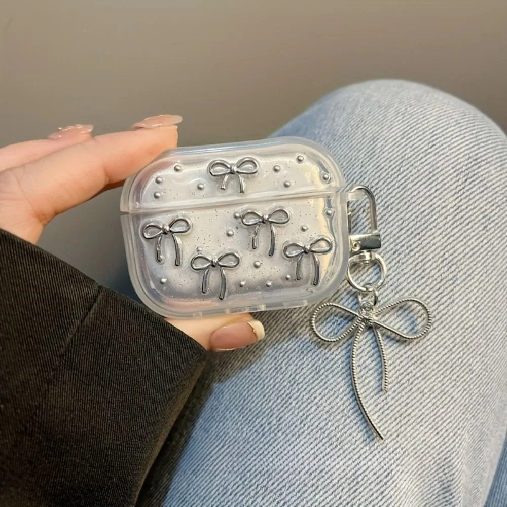 

Cute Silver Bowknot Headphones Case Clear TPU Protective Shell with Pendant Shockproof Soft Cover for Airpods 4/3/2/1/pro2/pro