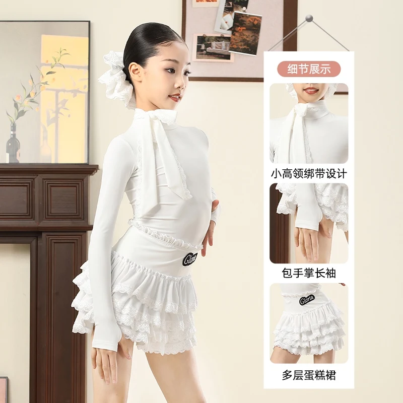 2025 High Neck Long Sleeved Top Cake Skirt Practice Suit Latin Dance Performance Costumes For Girls Chacha Latin Wear XH3196