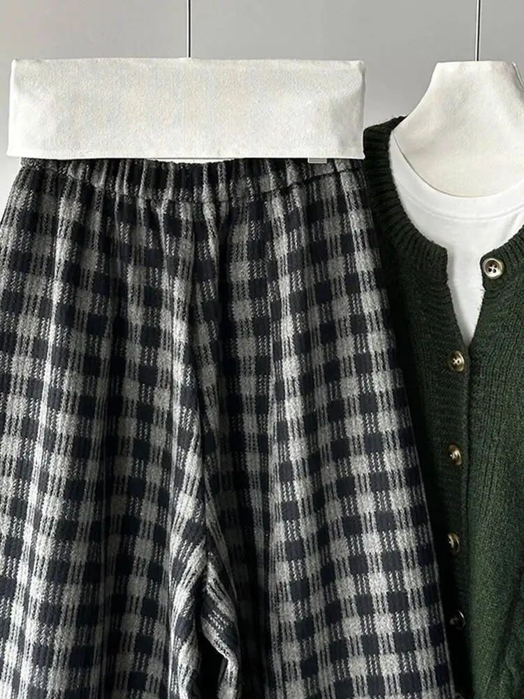 EAM Plaid High Elastic Waist Wide Leg Ankle Length Vintage Pants New Trousers Women Fashion Tide Autumn 2026 30A4051