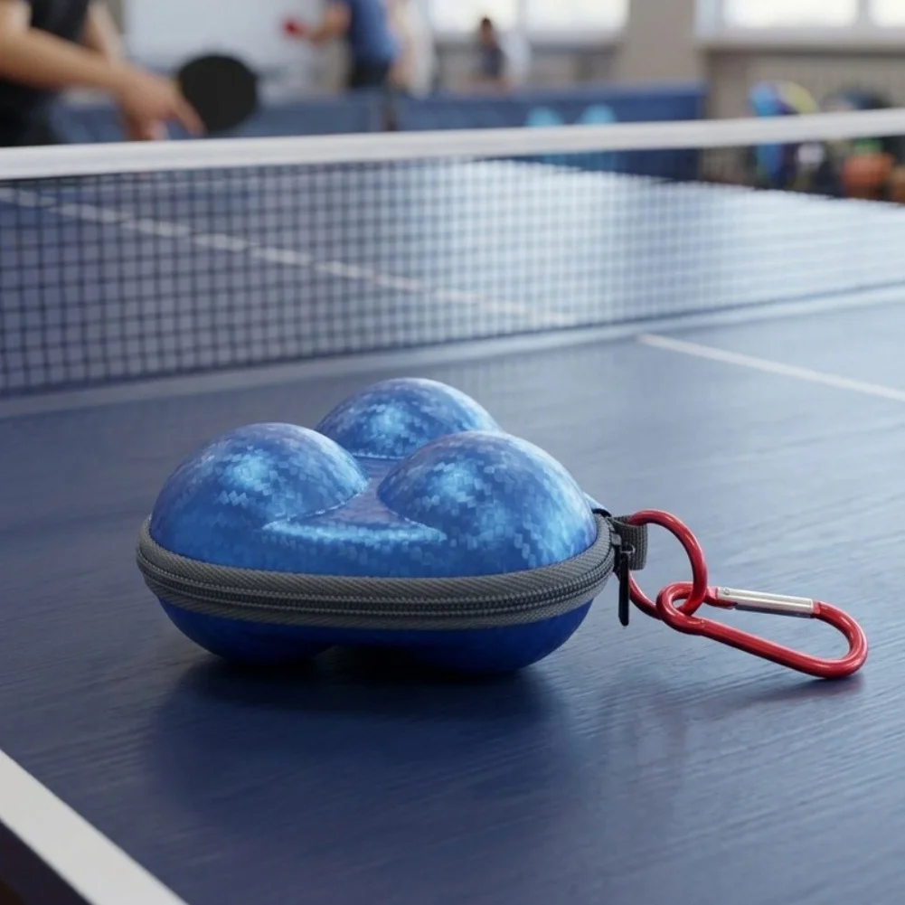 Hard Shell Table Tennis Ball Organizer for 3 Balls with PU Coating Smooth Zipper and Large Carabiner Hook for Portability