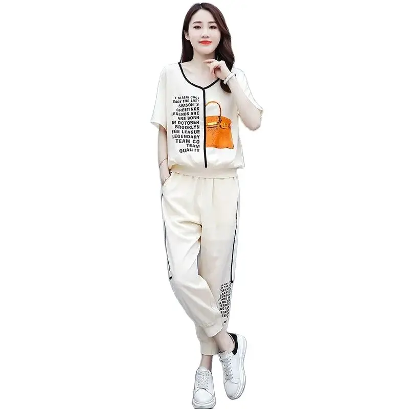 Women Sport Suit New Female Summer Short Sleeve And Pants Two Piece Set Women\'s Sportswear Female Pants Outfit Large Size 4XL