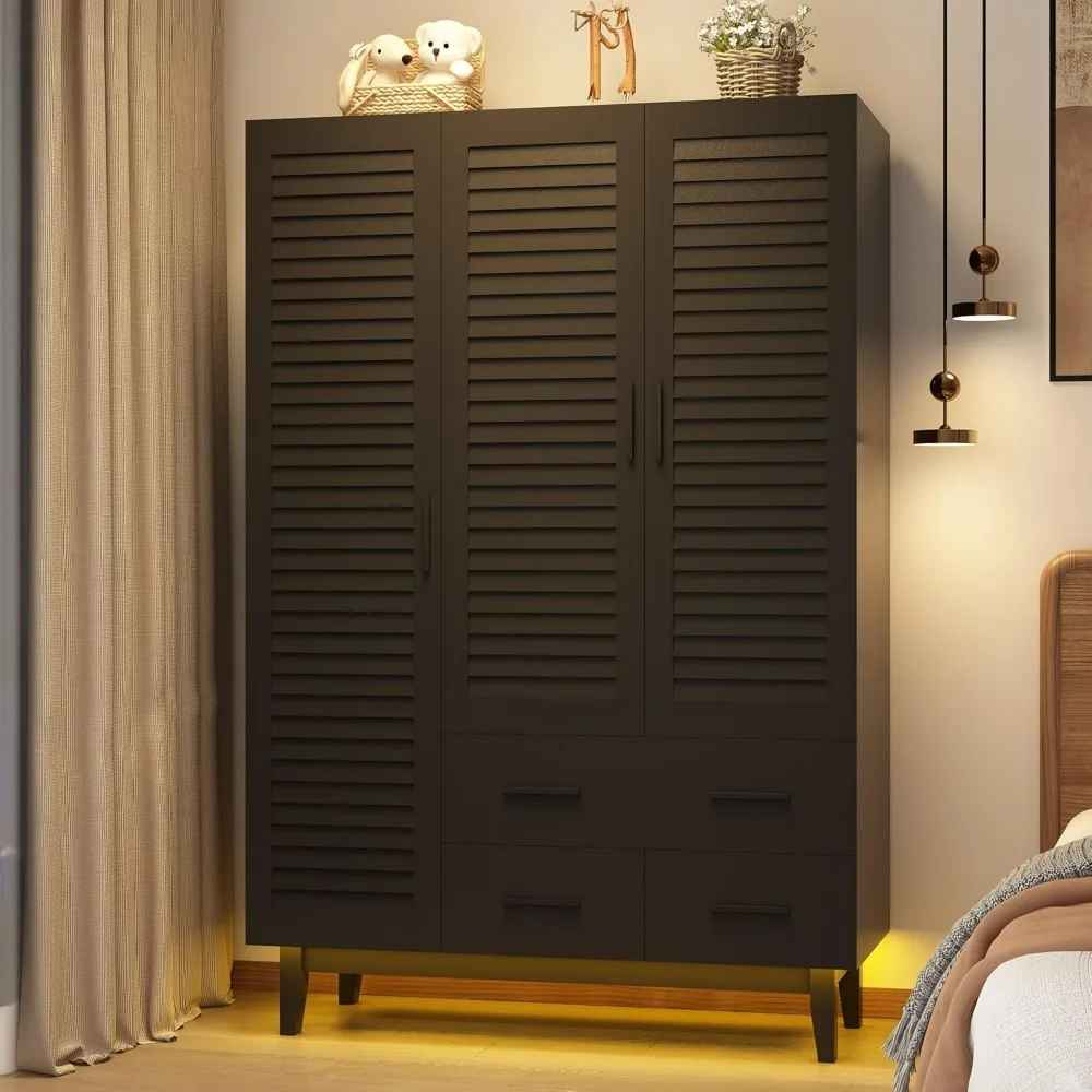 

3 Door Armoire Wardrobe Closet Cabinet with Drawers and LED Lights, Multi-Tier Shelves, Hanging Rod & 3 Louver Doors