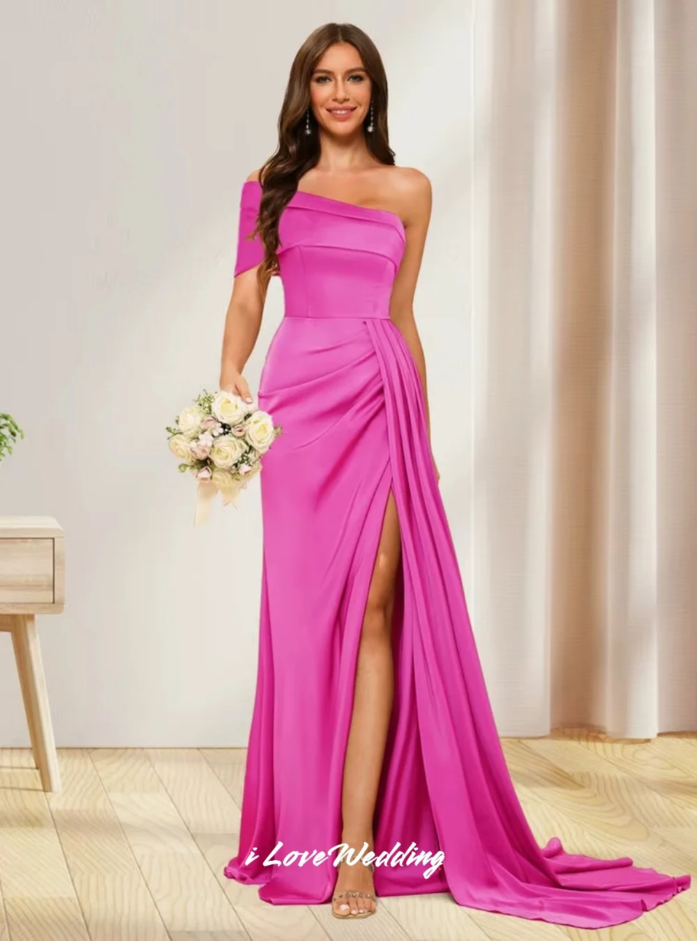 Элегантные платья подружки невесты на одно плечо 2025 атласные плиссированные платья с разрезом по бокам Русалка со шлейфом Тонкие свадебные платья для гостей по индивидуальному заказу