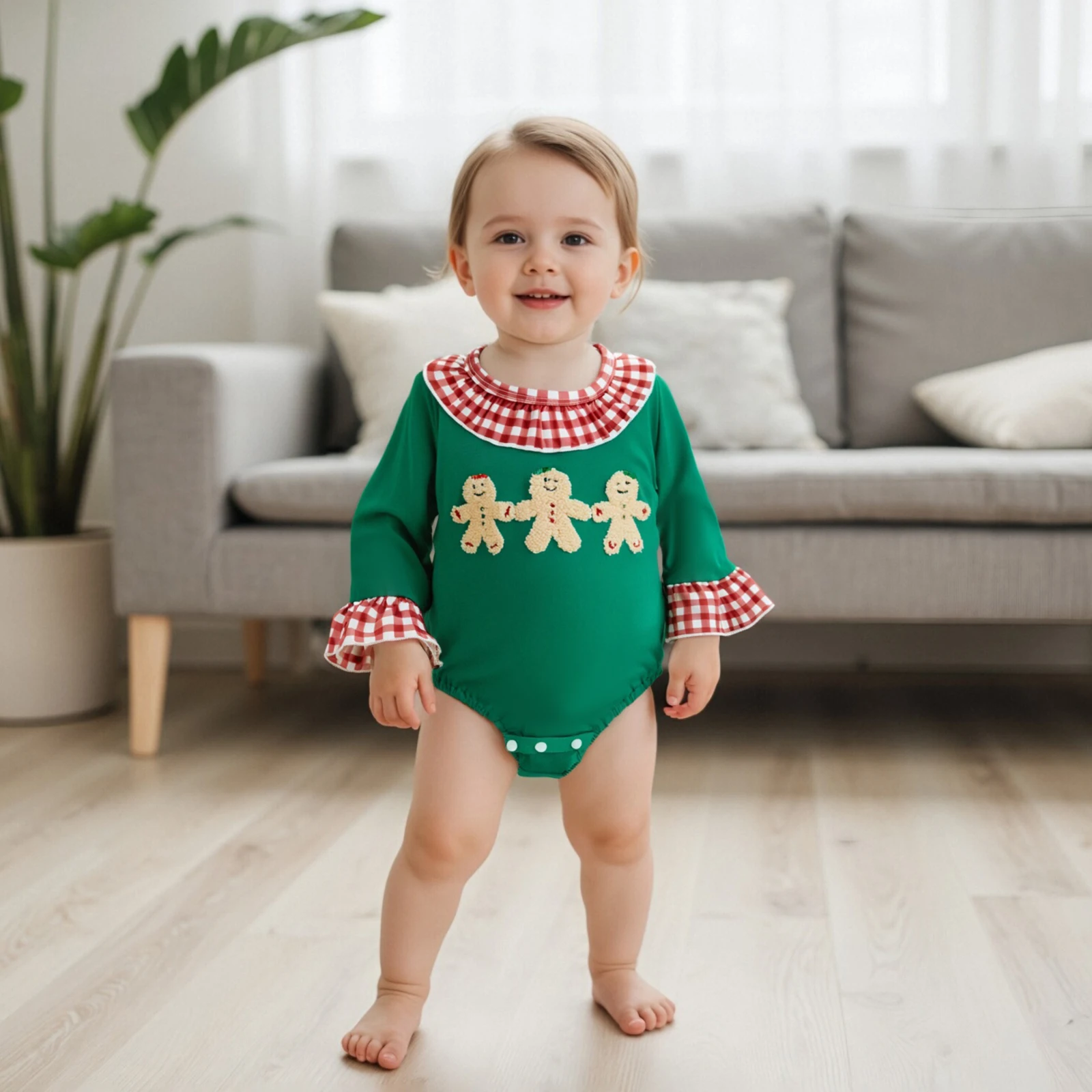 

Baby Girl Christmas Romper Gingerbread Embroidered Plaid Ruffle Trim Long Sleeve Bodysuit Cute Winter Fall Clothes