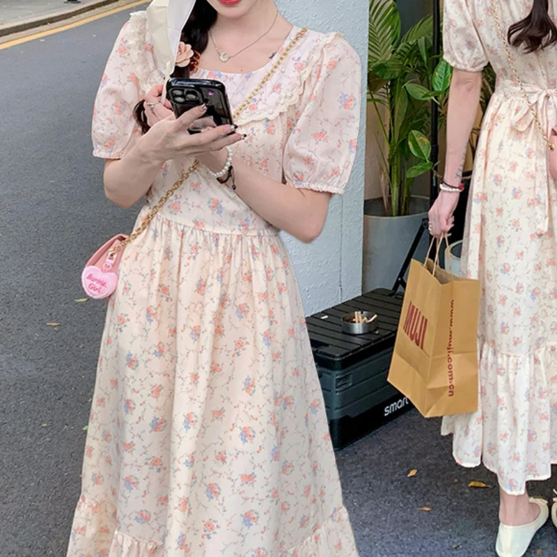 

Настоящий снимок кофейного перерыва, французское цветочное платье больших размеров, женское летнее толстое, мм, темперамент, талия, для похудения, фея, первая любовь