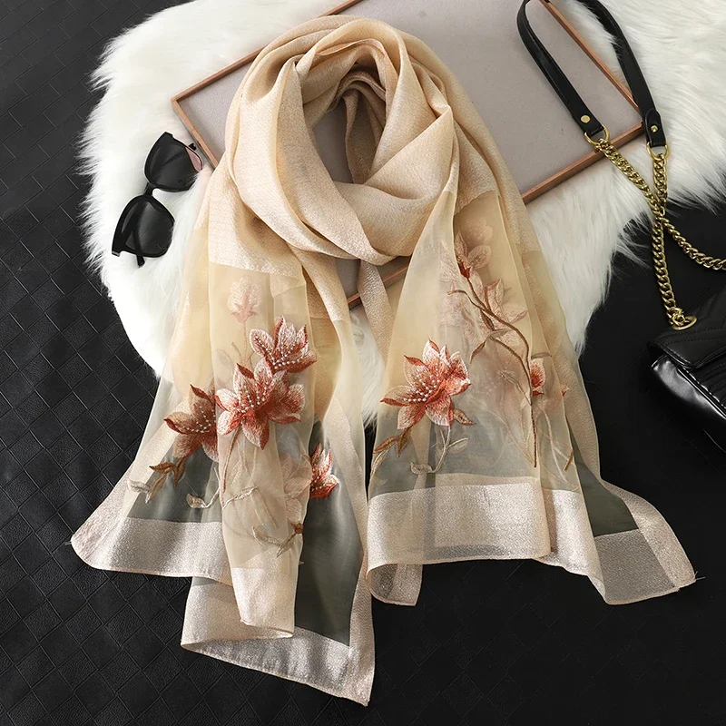 2024 NEW Fashion Women Cut Flowers Hollow Lace Gradient Flower Silk Scarf Spring Shawls and Wraps Towel Femme Beach Sjaals