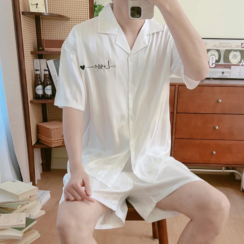 DAIMELU simple pajamas men's summer short-sleeved cold silk cool feeling loose plus size loungewear suit women's sleepwear set