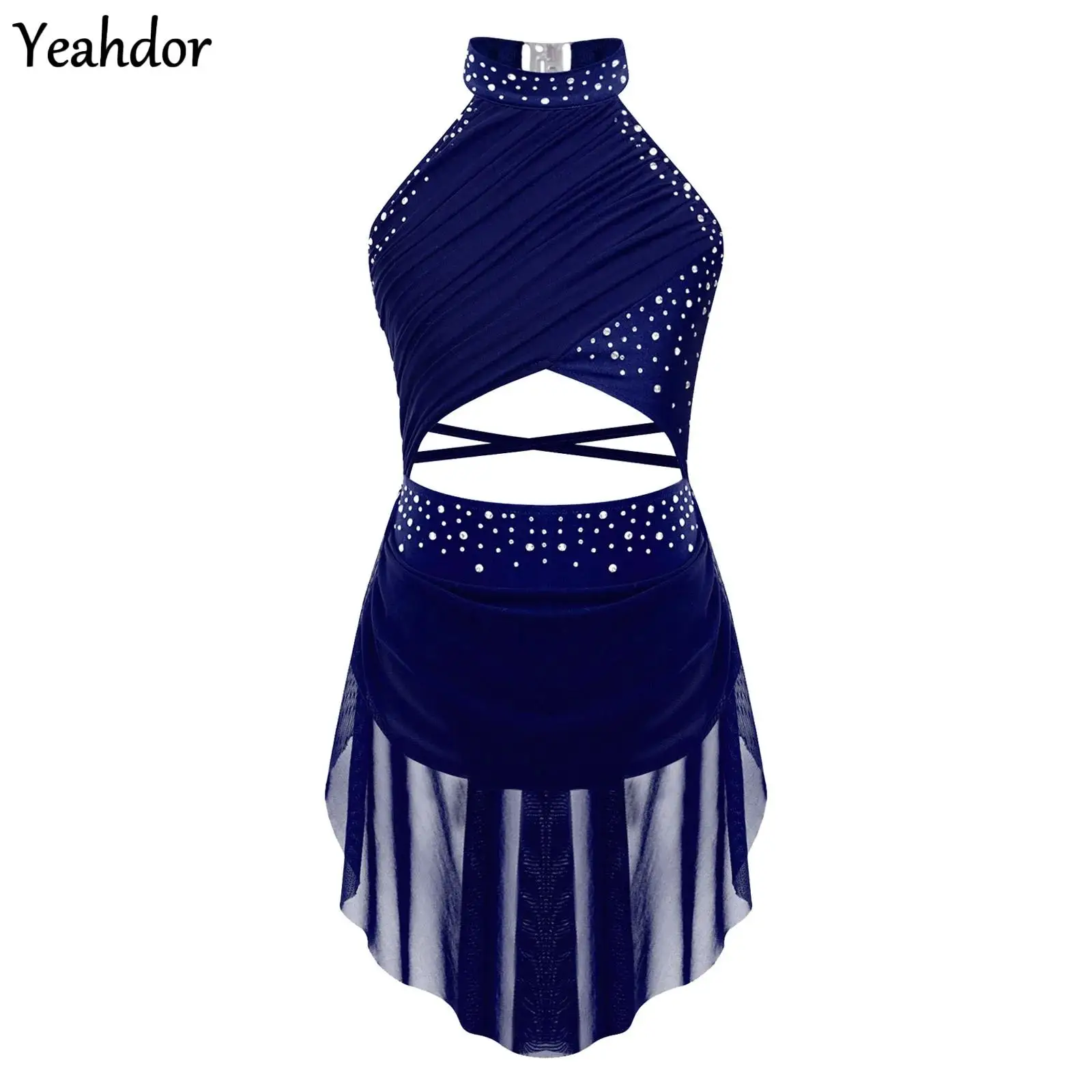 

Girls Rhinestone Ballet Leotard Dress Sleeveless Modern Lyrical Dance Dress Sheer Mesh Competition Skating Performance Costume