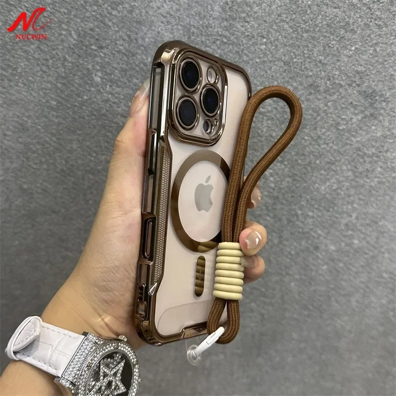 Unique Blade Mecha Soft TPU Plating Magsafe Case for iPhone 16 11 12 13 14 15 Pro Max 13Pro 16Pro Transparent Wrist Strap Cover