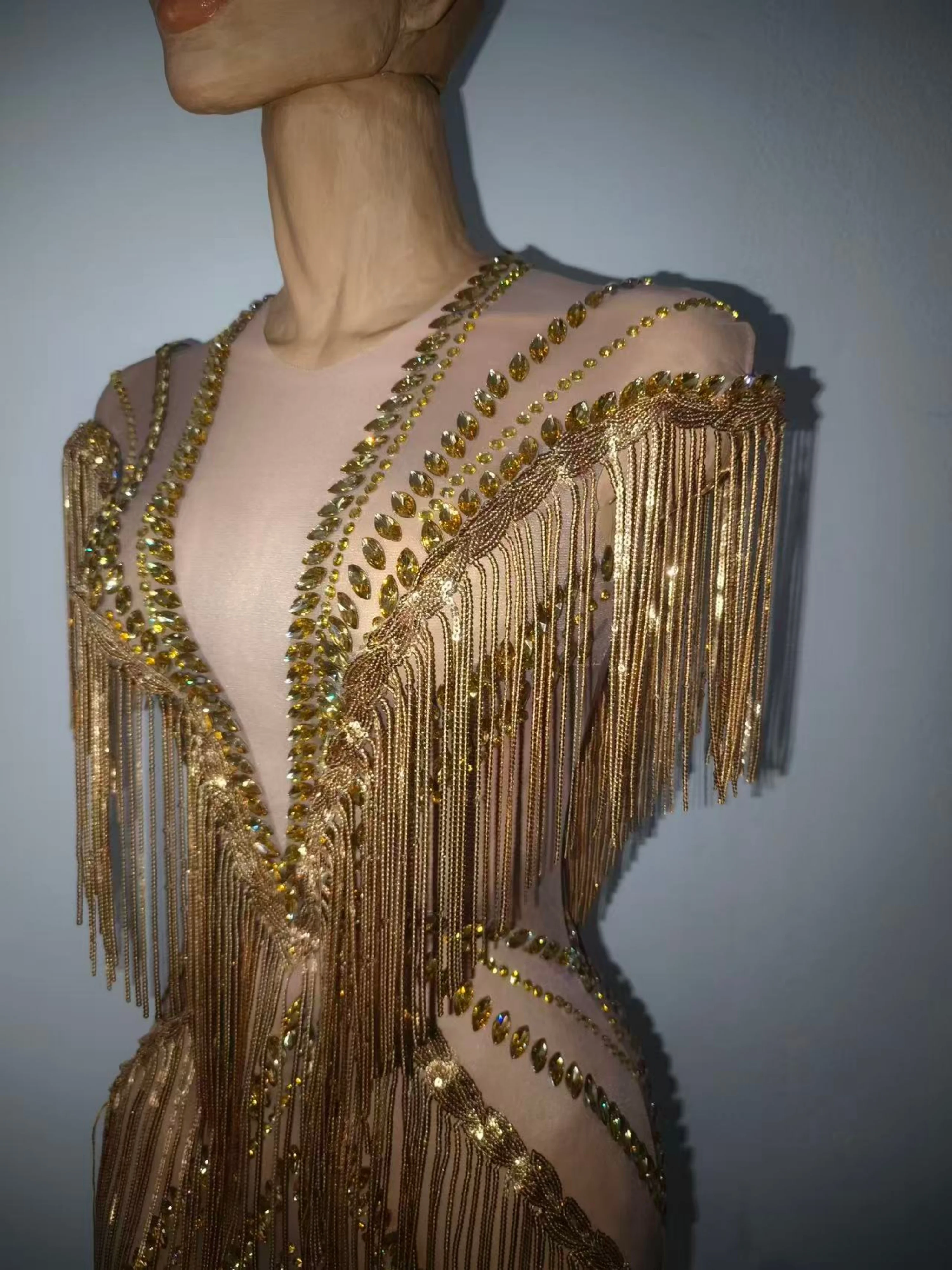 Sexy funkelnde Diamanten Pailletten Fransen Luxus Overall Gold ärmellose Mesh Performance Tanzkostüm Nachtclub Perform Kostüm