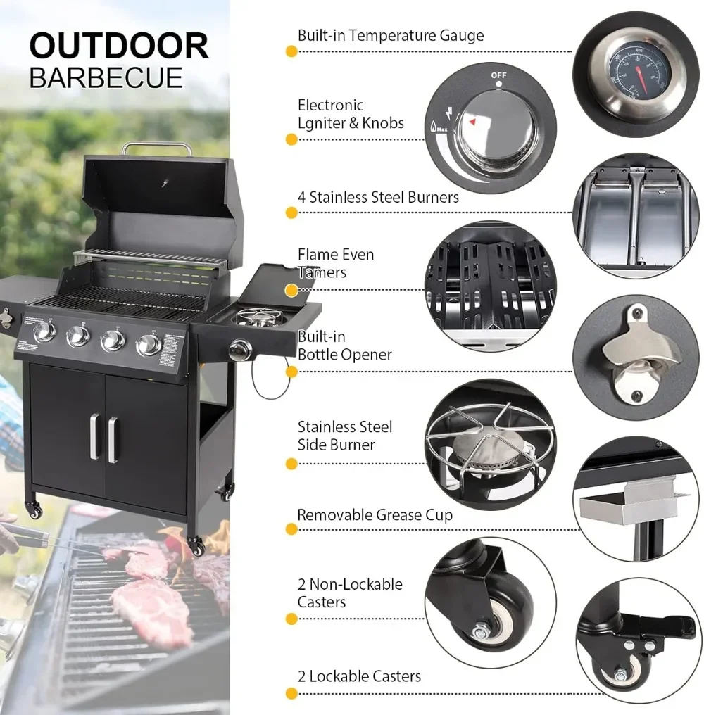 Propane Gas Grill 4 Burners with Side Burner Freestanding Grill Cart with Wheels for Outdoor Garden Cooking Barbecue Grill,Black