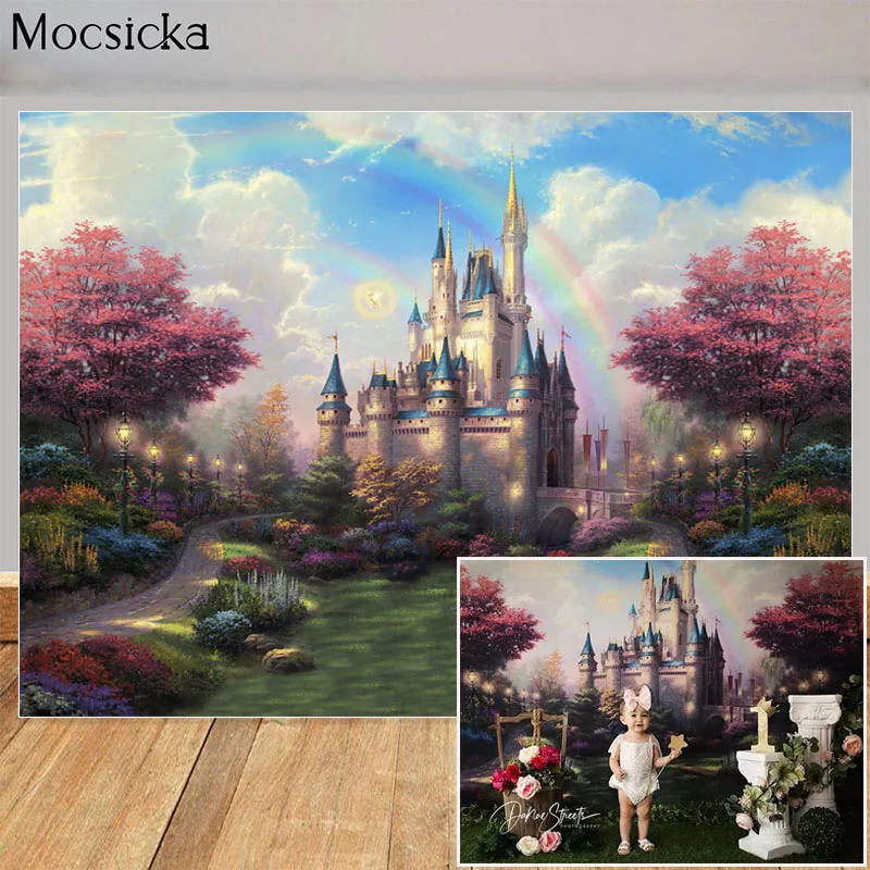 Fairytale Castle Theme Backdrop for Children Birthday Portrait Photographic Studio Photo Backgrounds Rainbow Floral Decoration