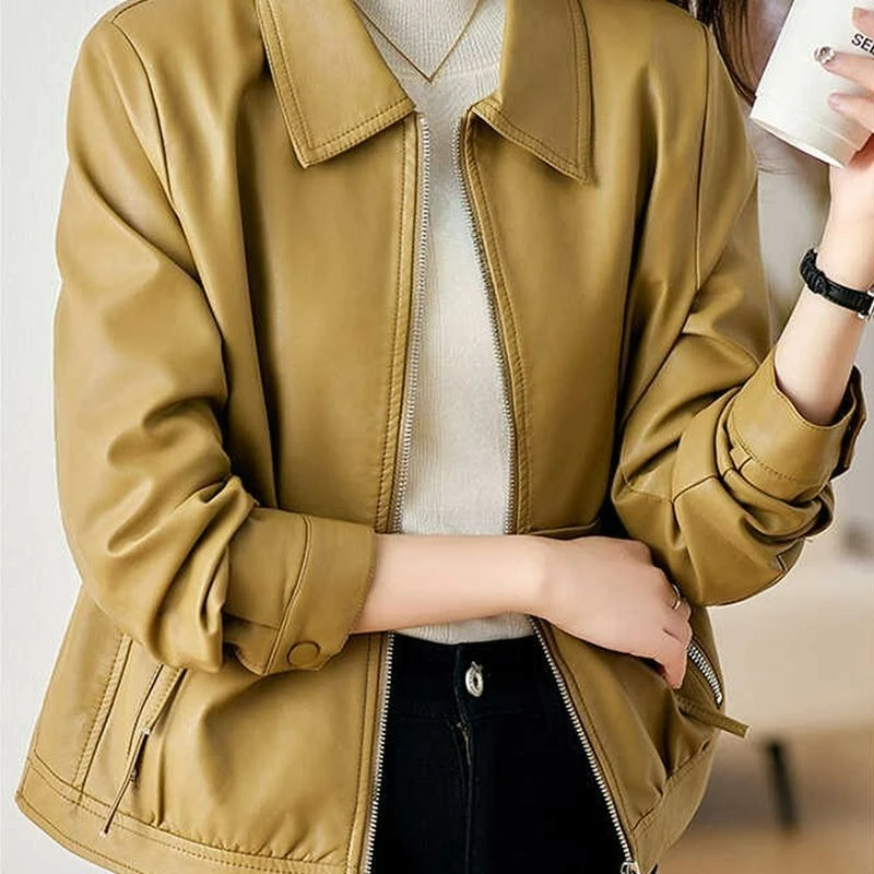 سترة جلدية قصيرة بجيب وسحاب للنساء 2026 ربيع خريف جديد عصري ملابس خارجية فضفاضة غير رسمية ملابس خارجية جلدية عصرية #2