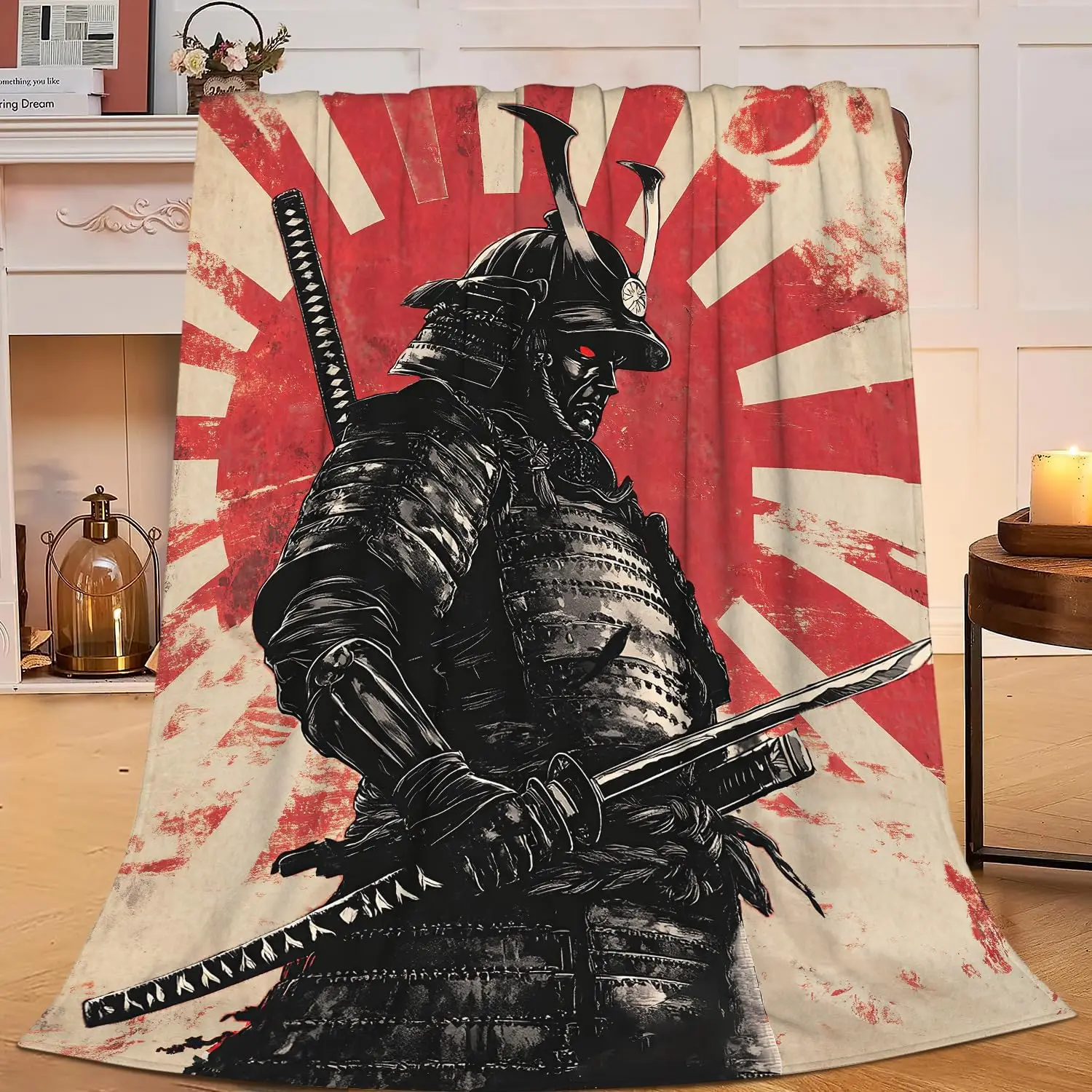 Grunge Black Armored Samurai Sun Ray All Over Print Cozy Flannel Blanket Portable Living Room Bold Warm Daily Household Use