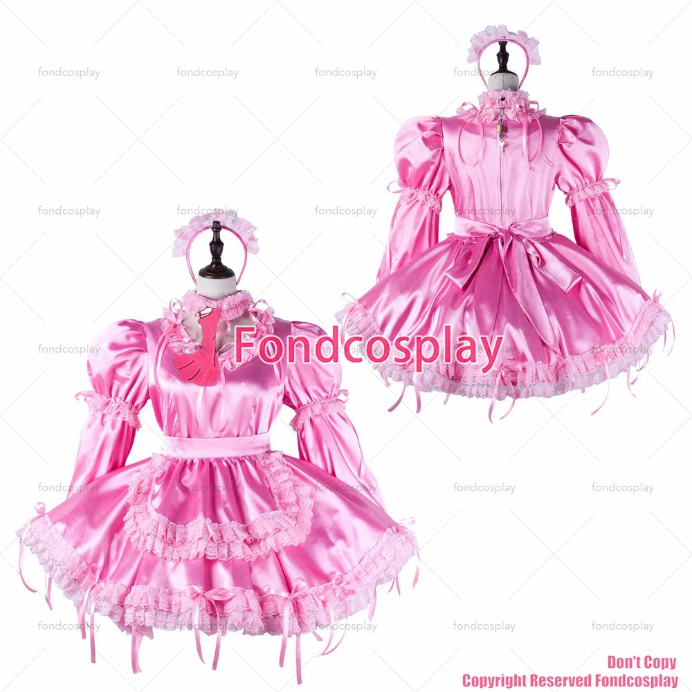 Fondcosplay adulto sexy vestido cruzado sissy maid vestido corto de satén rosa uniforme con cerradura delantal disfraz CD/TV [G2215]