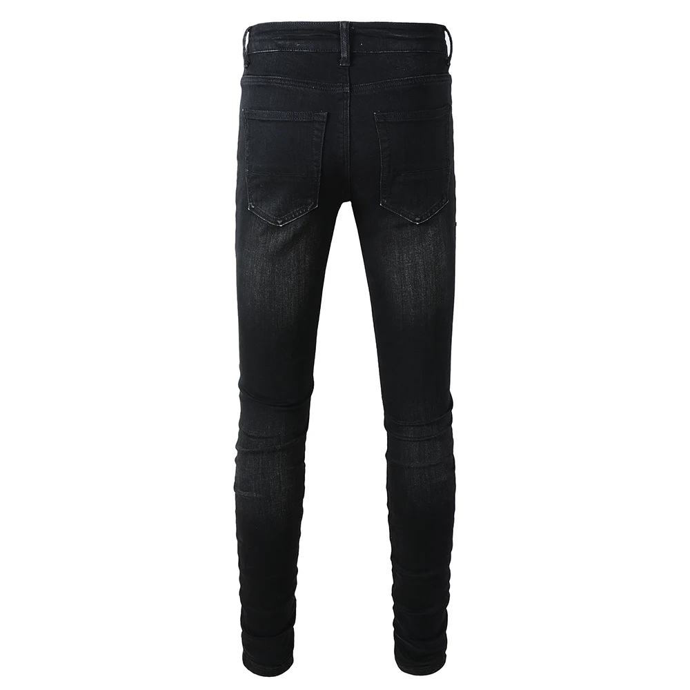 Men's White Pleated Patch Denim Jeans Streetwear High Stretch Denim Cotton Pants Ripped Skinny Tapered Black Trousers