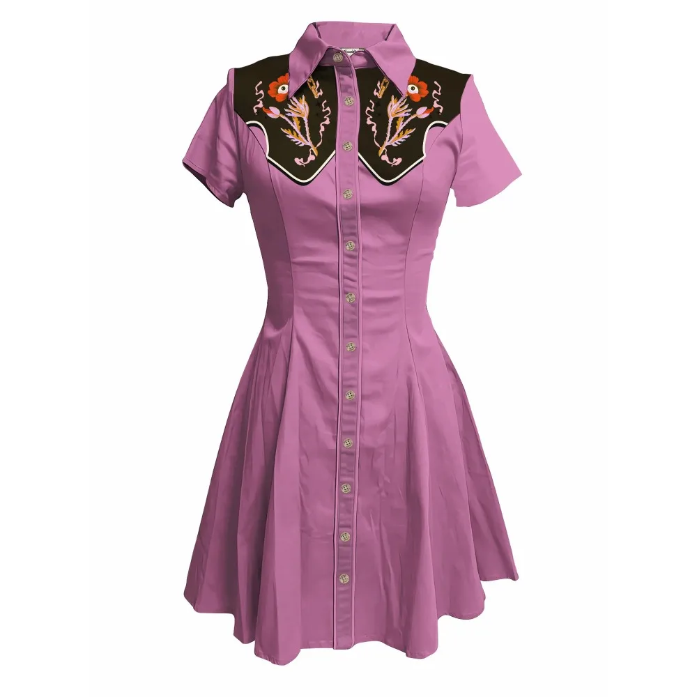 Fioletowe kwiaty z nadrukiem Western Cowboy Dress Women Button-down Dress Short Sleeves 100% Cotton Dress Summer Ins Style Streetwear
