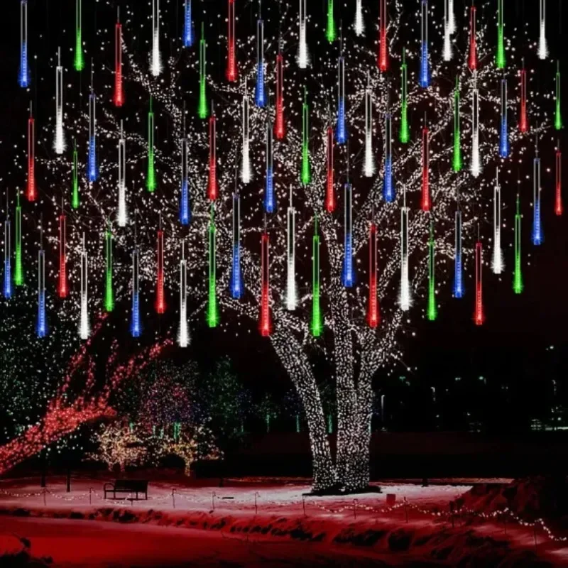 Solar Powered 192LEDs Meteor Shower Lights 30cm 8 Tubes Waterproof Raindrop Falling Fairy String Lights for Outdoor Decor
