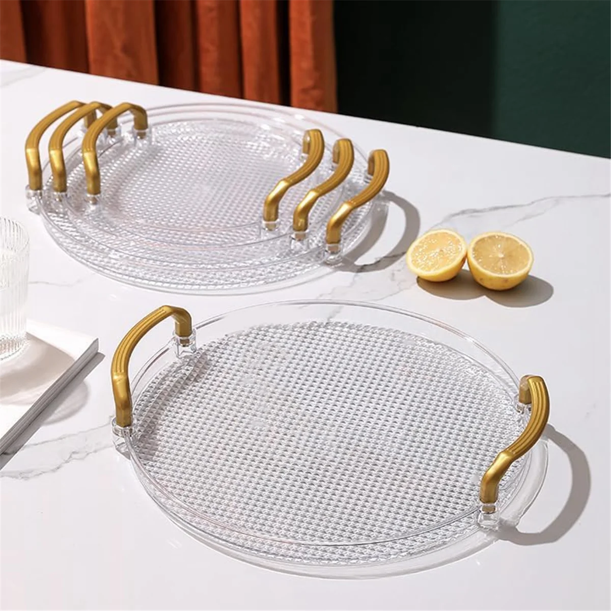 Acrylic Clear Round Serving Tray Bathroom Vanity Tray Decorative Tray with Golden Handle for Coffee Table Office A