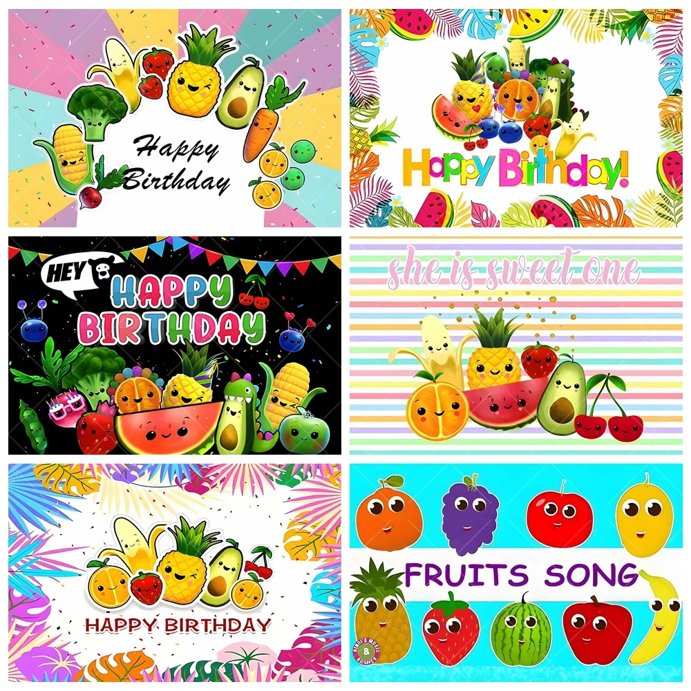 Happy Birthday Sensory Fruit Backdrop Custom Kids Birthday Party Fruit vegetable Banner Decor Baby Shower Photography Background