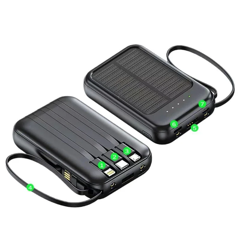 Outdoor mini solar power bank 20000mAh, large-capacity shared four-wire mobile power supply