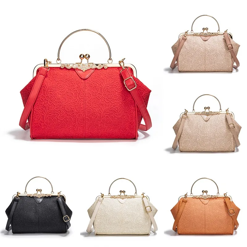 Useful Vintage Handbags For Women Fashion Kiss Lock Slip Purse Stitching Texture Crossbody Bag