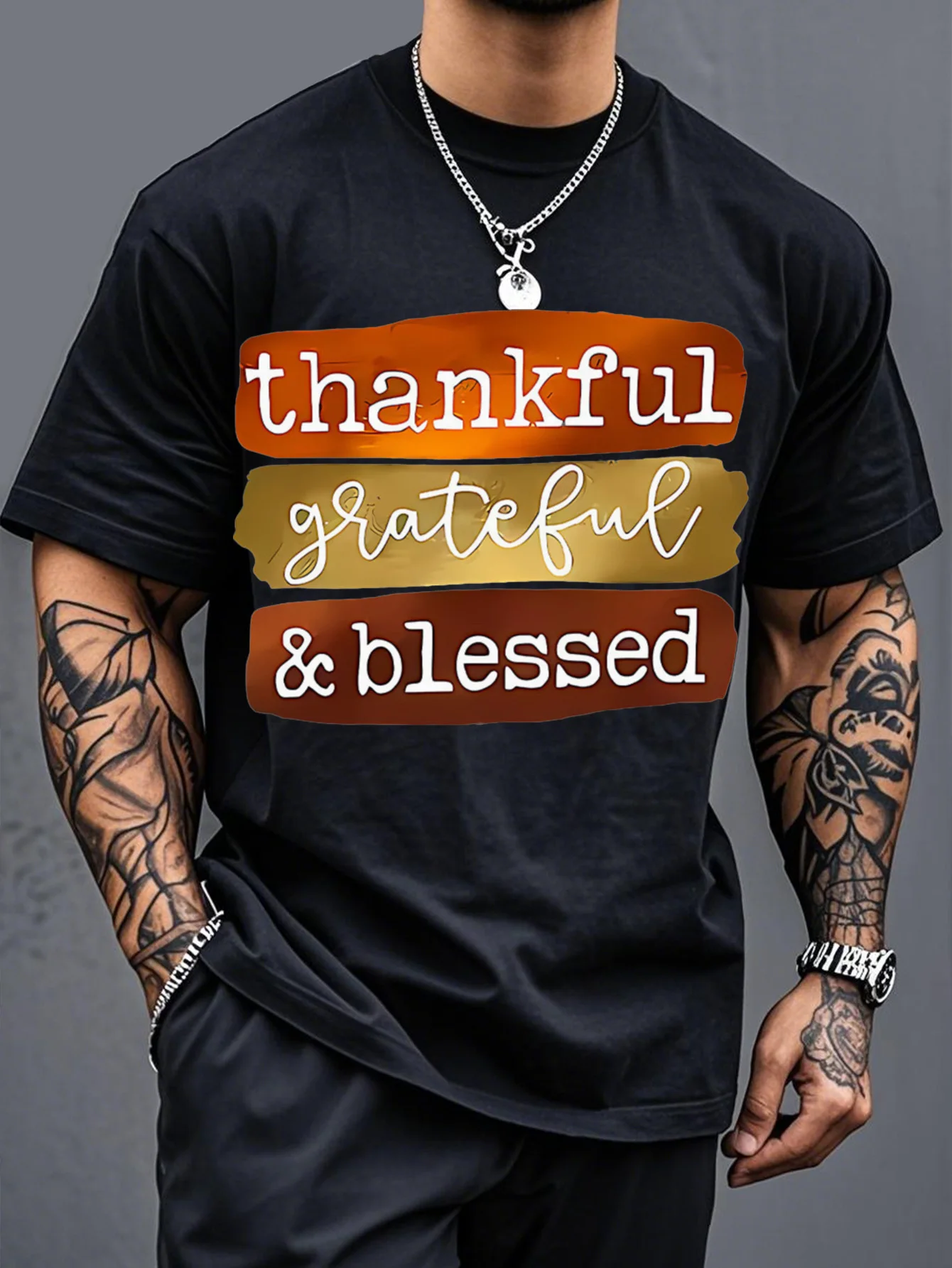 Plus Size Men's Clothing Thankful Grateful & Blessed T-Shirt - Stylish Black Tee with Horizontal Text Blocks in Orange, Gold & Brown - Comfortable Casual Wear for Men, Ideal for Everyday Outfits, Gift for Friends and Family