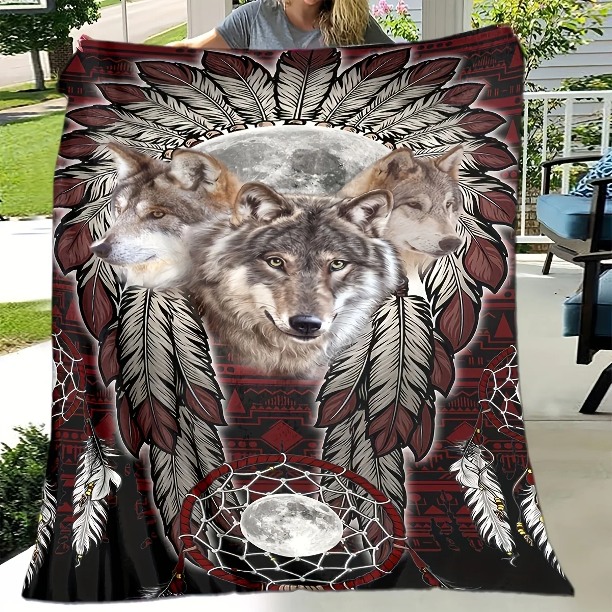 Customization Soft And Warm Aboriginal Tribe Wolf Print Flannel Blanket - Versatile For Office, Camping And Travel, Perfect For