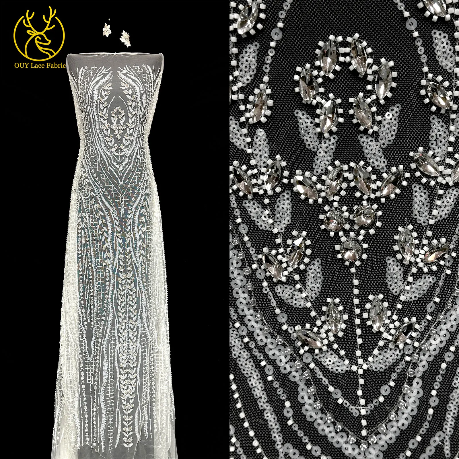 Nigerianisches weißes Hochzeitskleid Tüll-Mesh-Spitzenstoff Hochwertiger französischer Stein-Spitzenstoff Afrikanischer Perlen-Pailletten-Spitzenstoff – Detail 19