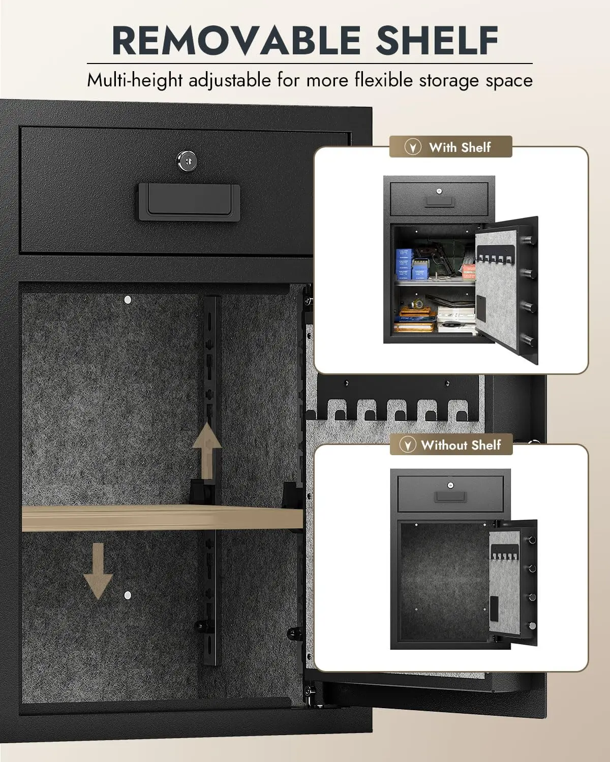 صندوق أمان 5.1Cuft مقاوم للحريق ومقاوم للماء مع درج، 3 طرق لفتح، تنبيه الاهتزاز والوضع الصامت، مقاوم للماء آمن للمنزل، من