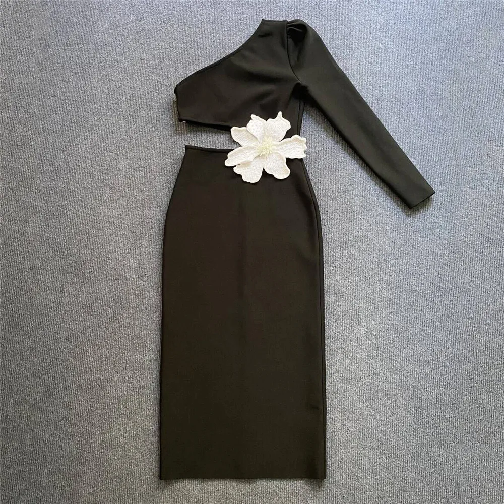 แฟชั่นหนึ่งไหล่แขนยาวชุด 2025 ฤดูใบไม้ร่วงเซ็กซี่ Hollow OUT Skinny ดอกไม้พรหมชุด Celebrity Club PARTY Wear