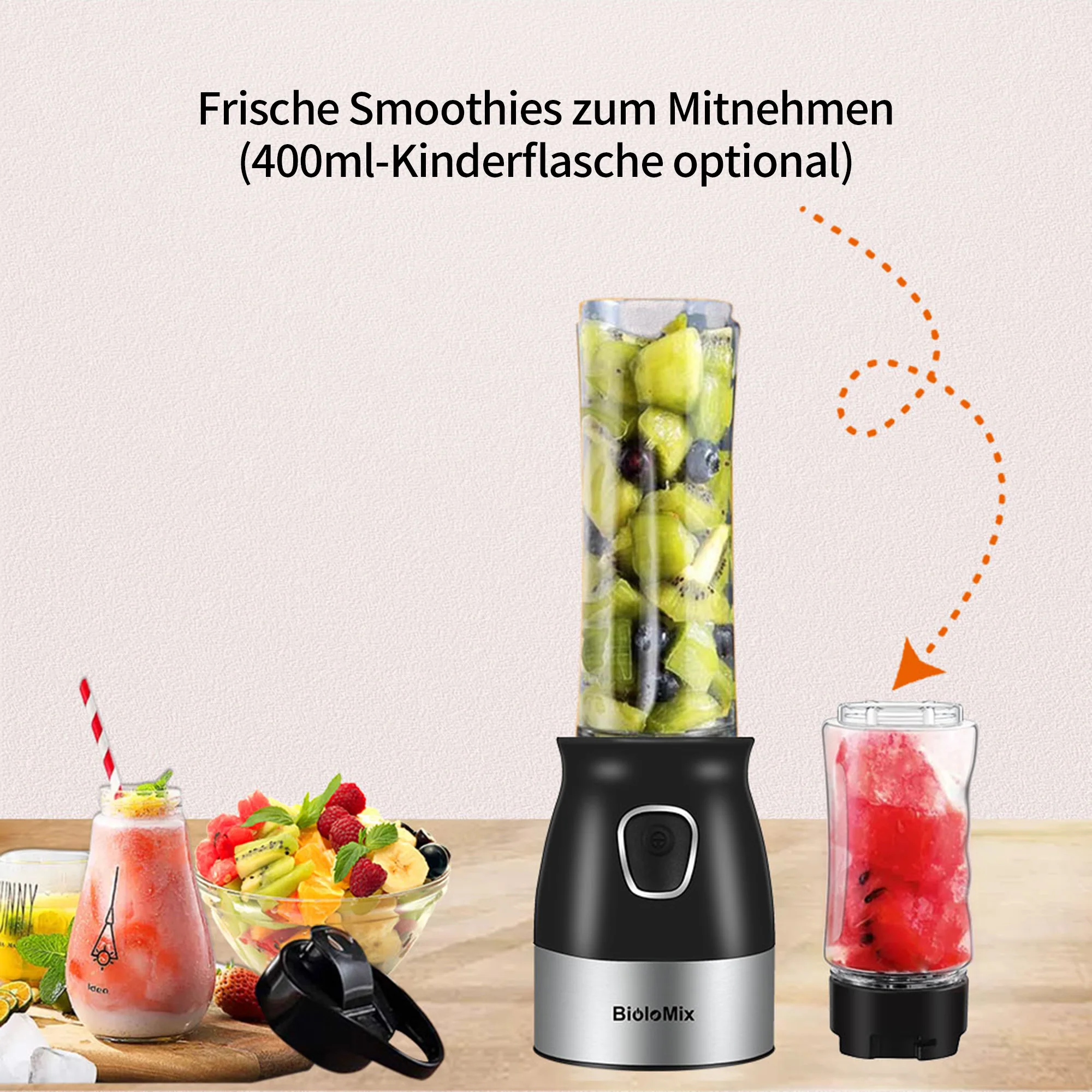 BioloMix 500 W tragbarer Mixer, BPA-frei, 600 ml, persönlicher Mixer mit Zerkleinerer, Schüssel, Fleischwolf, Babynahrungsmaschine – Detail 6