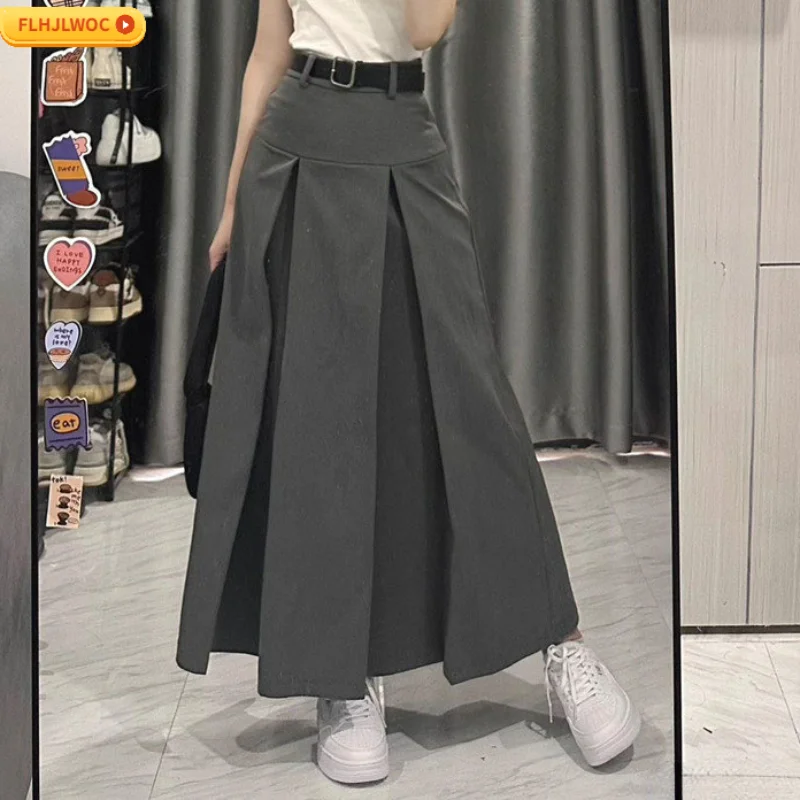 Hot Sales All-Match Skirt With Belt Hot Sales Women Preppy Style Girls Korean Design Solid Black High Waist Long Skirts