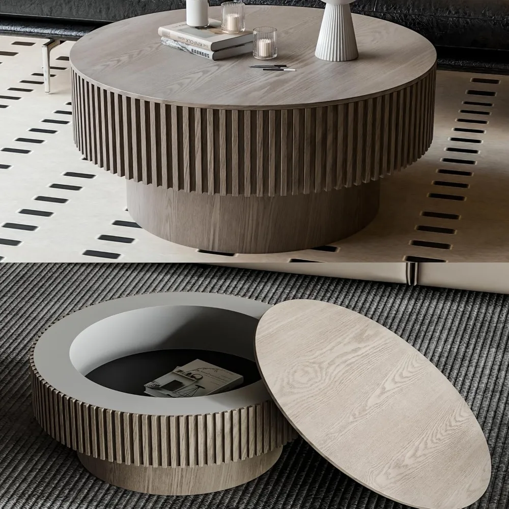 

31.5'' Round Coffee Table with Storage, Modern Luxury Circle Drum Center Tables with Solid Wood Veneered, Accent Side Coffee Tab