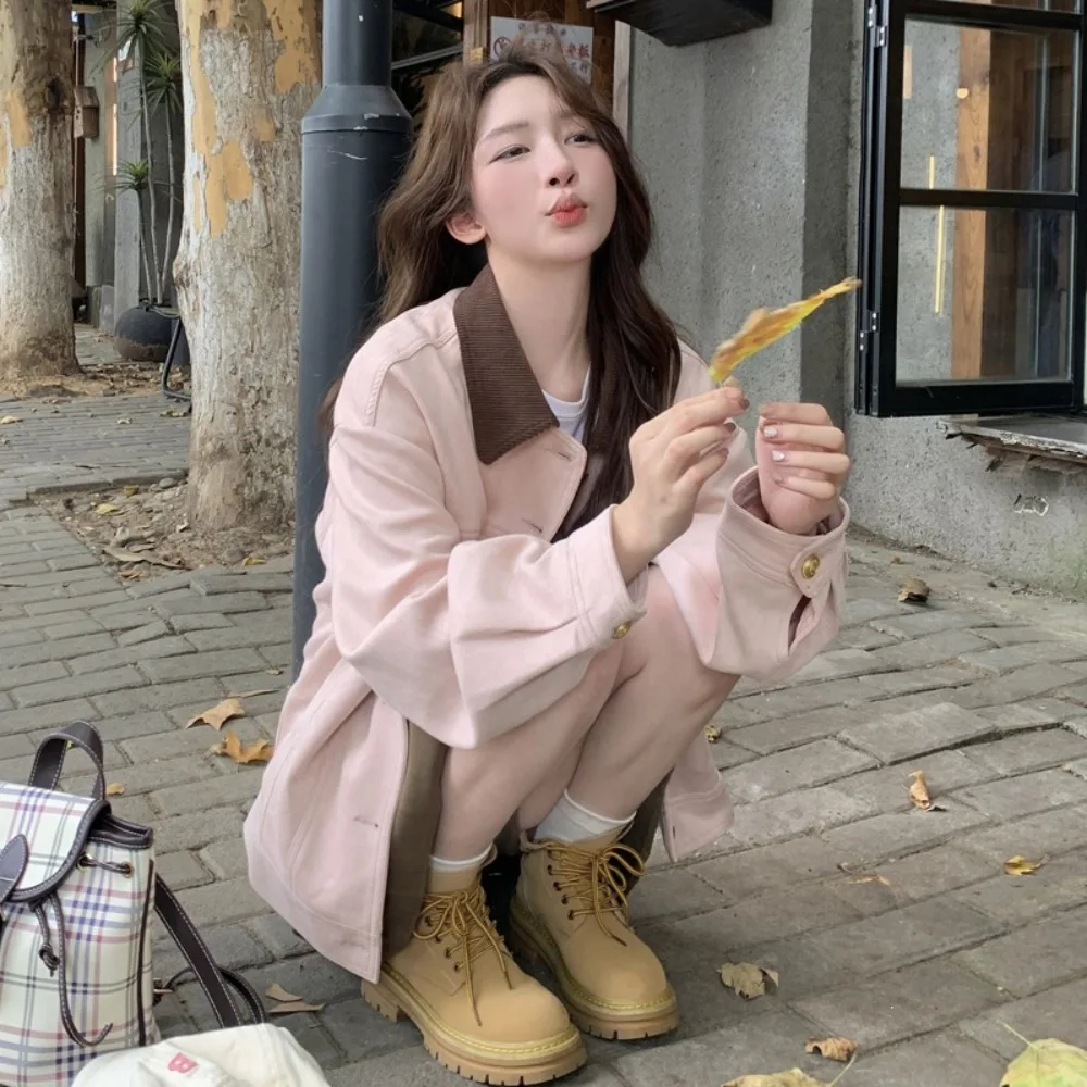 Sweet Color Blocking Splicing Suede Cargo Jacket Autumn and Winter Women College Style Warm Music Festival Travel Casual Jacket