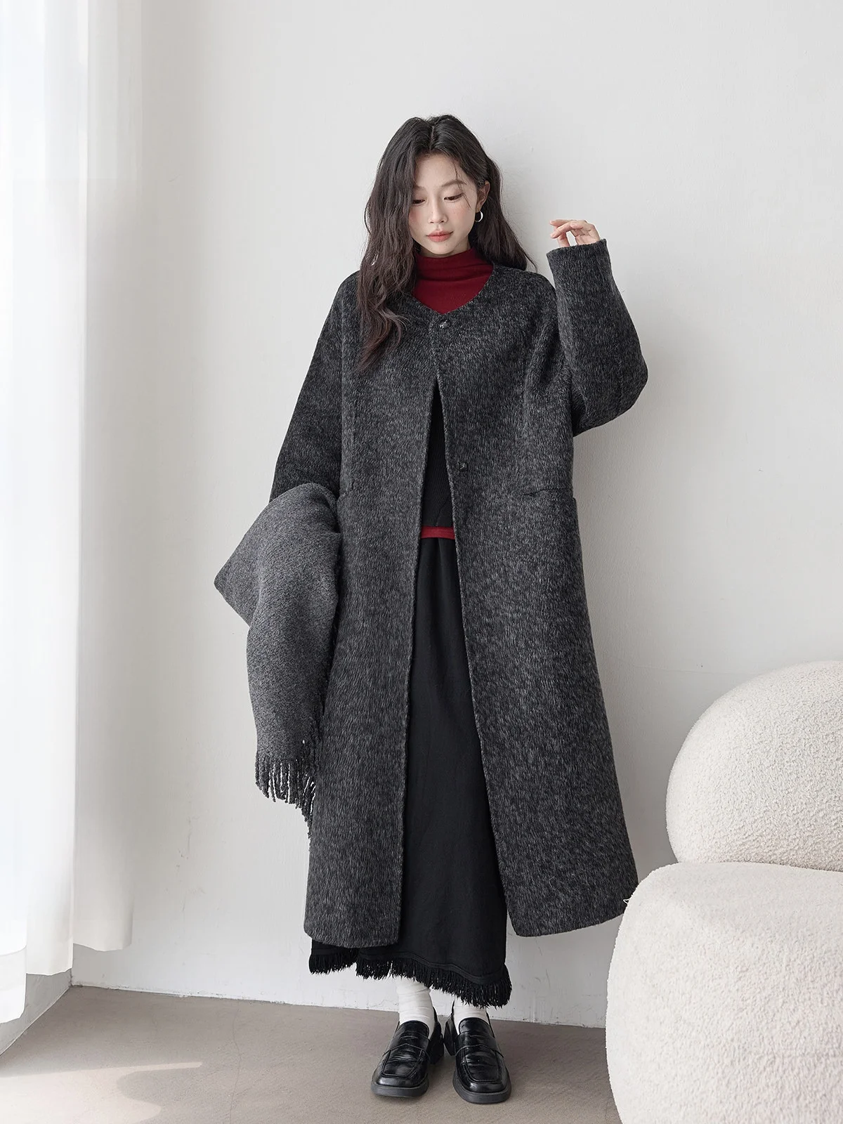 

HuiXi Double-Sided Woolen Coat Women's Long Sle Deep ey Color Commute Friendly Korean Faion Daily Wear Thiened Outerwear