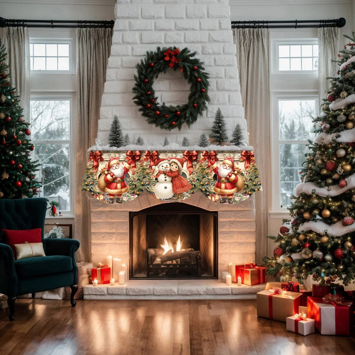 VIKAMA Christmas Fireplace Mantel Scarf Vintage Santa Snowman Mantel Topper Holiday Fireplace Shelf Cover Retro Home Decor