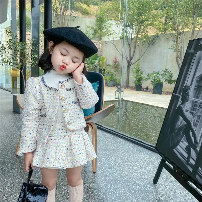 Girls' spring and autumn set female baby small incense wind woven jacket pleated skirt two sets of celebrities wind skirt