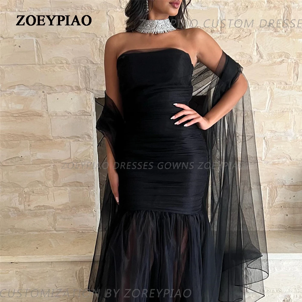 

Black Beach 2023 Evening Dresses Gown Tulle Strapless Arabic Women Prom Gowns Formal Occasion Party Dress Long With Scalf