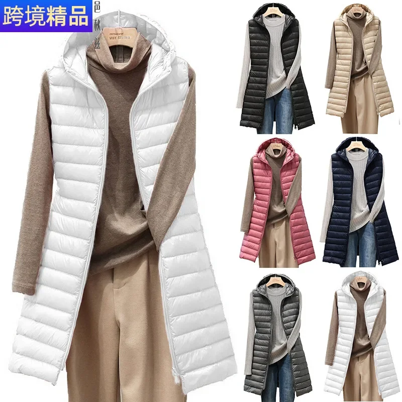 Autumn and Winter Slim Sleeveless Women Parkas Vest Ladies Medium and Long Style Pure Color Hooded Light down Cotton Vest Jacket