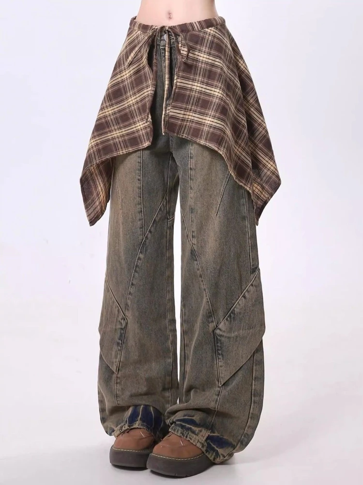 

Y2k Streetwear Jeans Fake Two Piece Plaid Patchwork Wide Leg Pants American Vintage Design Spicy Girl 2025 New Women's Clothing