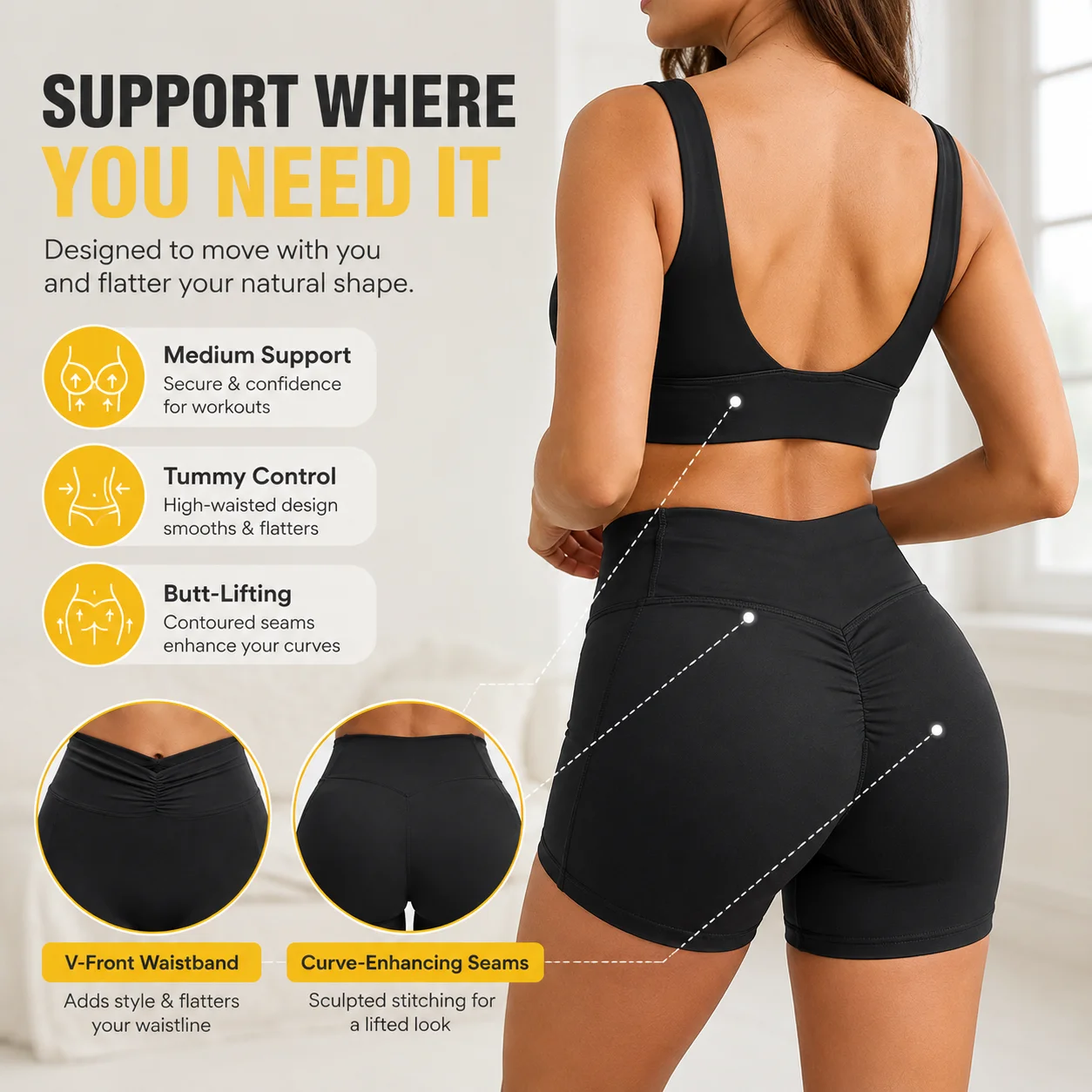 Women's Square Neck Sports Bra & V-Front Waist Shorts Set - Tummy Control Butt Lifting Yoga Gym 2-Piece Suit, Multiple Colors, S