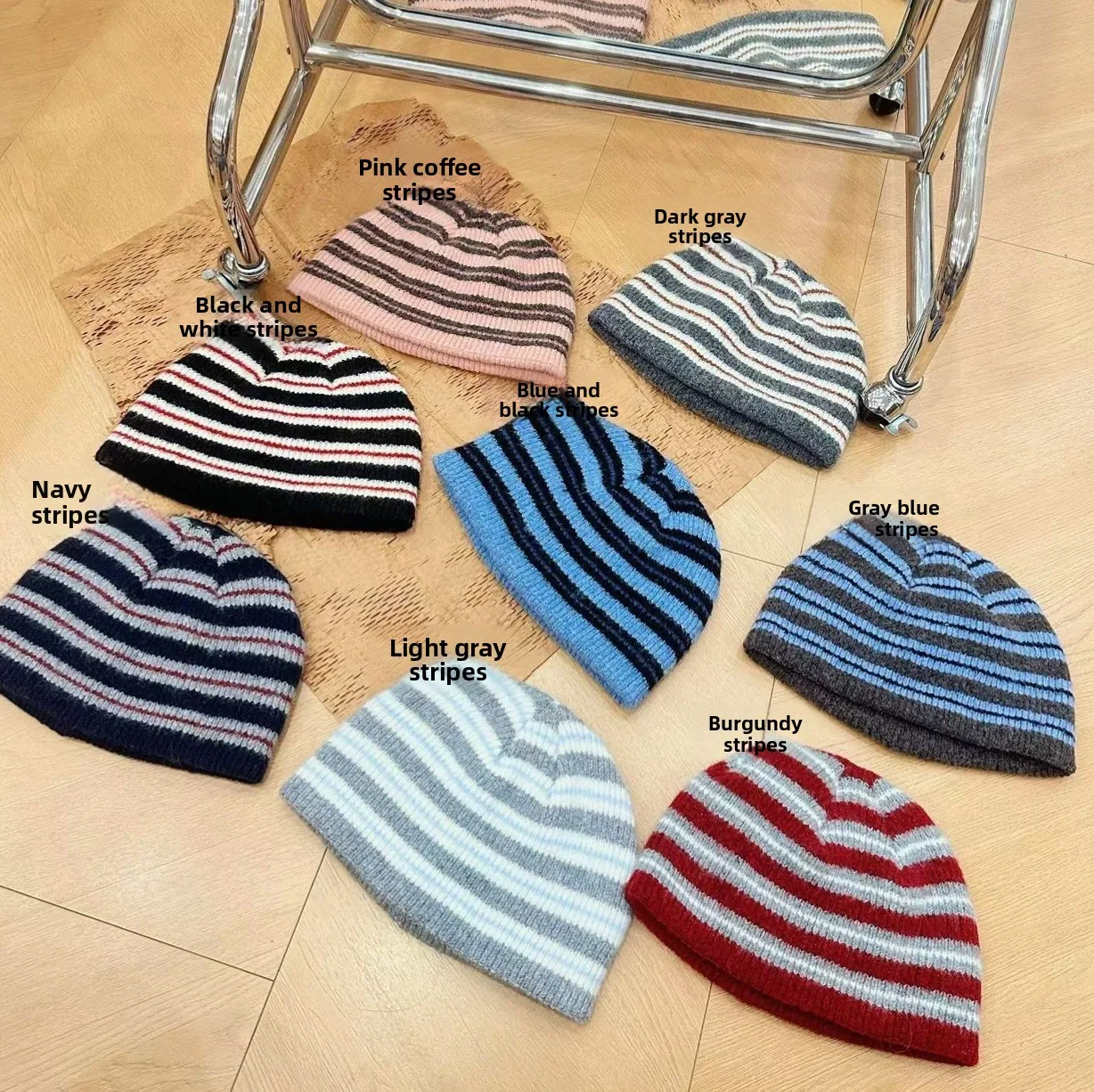Women Korean Style Wool Blend Striped Knit Beanie Autumn Winter Color Block Soft Knitted Cold Hat Warm Pullover Beanie Cap