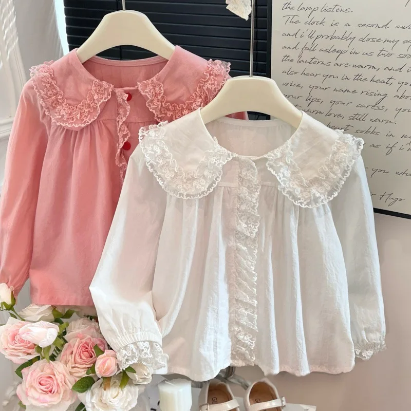 New Pure Cotton Girls Blouse, Lace Long Sleeve Peter Pan Collar Shirt Stylish Base Layer Top for Baby Girls Spring Autumn