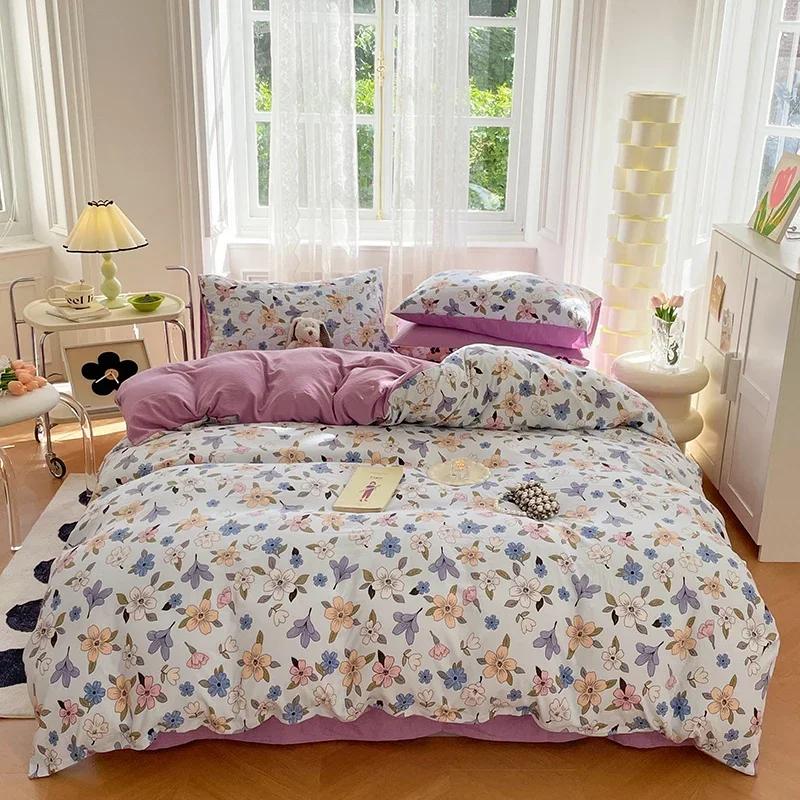 

Flower Bedding Set Queen/King Size Skin Friendly Washed Cotton Brushed Bed Sheet Set for Double Bed edredones de cama Bedding