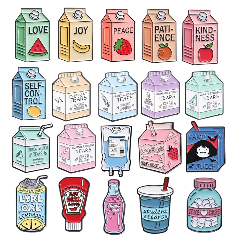 

Cartoon Creative Milk Box Enamel Pins Fruit Juice Box Brooches Students Tears Container Lapel Badge Backpack Accessories Gift