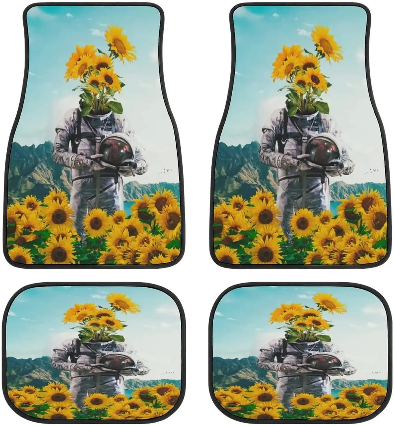 Surreal Astronaut Sunflower Car Mats Front&Rear 4-Piece Full Set Carpet Car SUV Truck Floor Mats with Non Slip Back