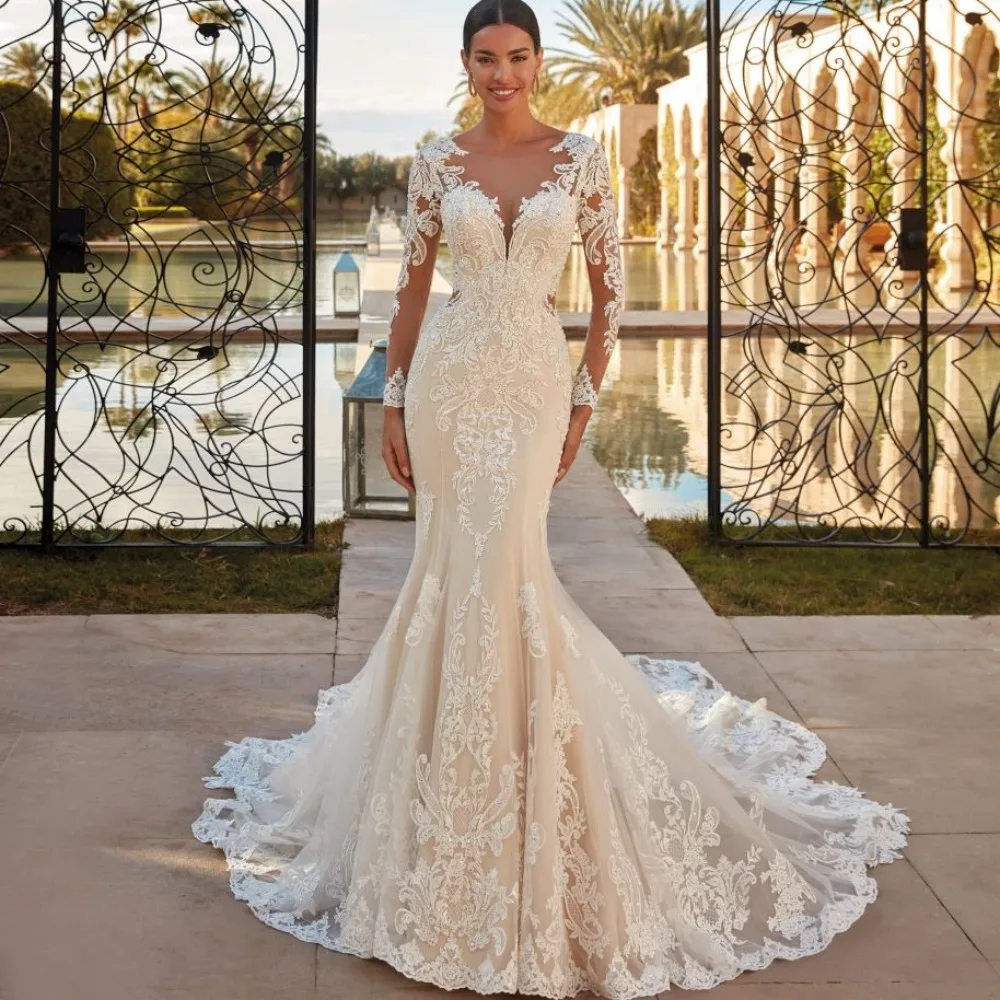 Boho Sheer o-collo abito da sposa a sirena Appliques di pizzo classico maniche lunghe elegante abito da sposa Robe De Mariée