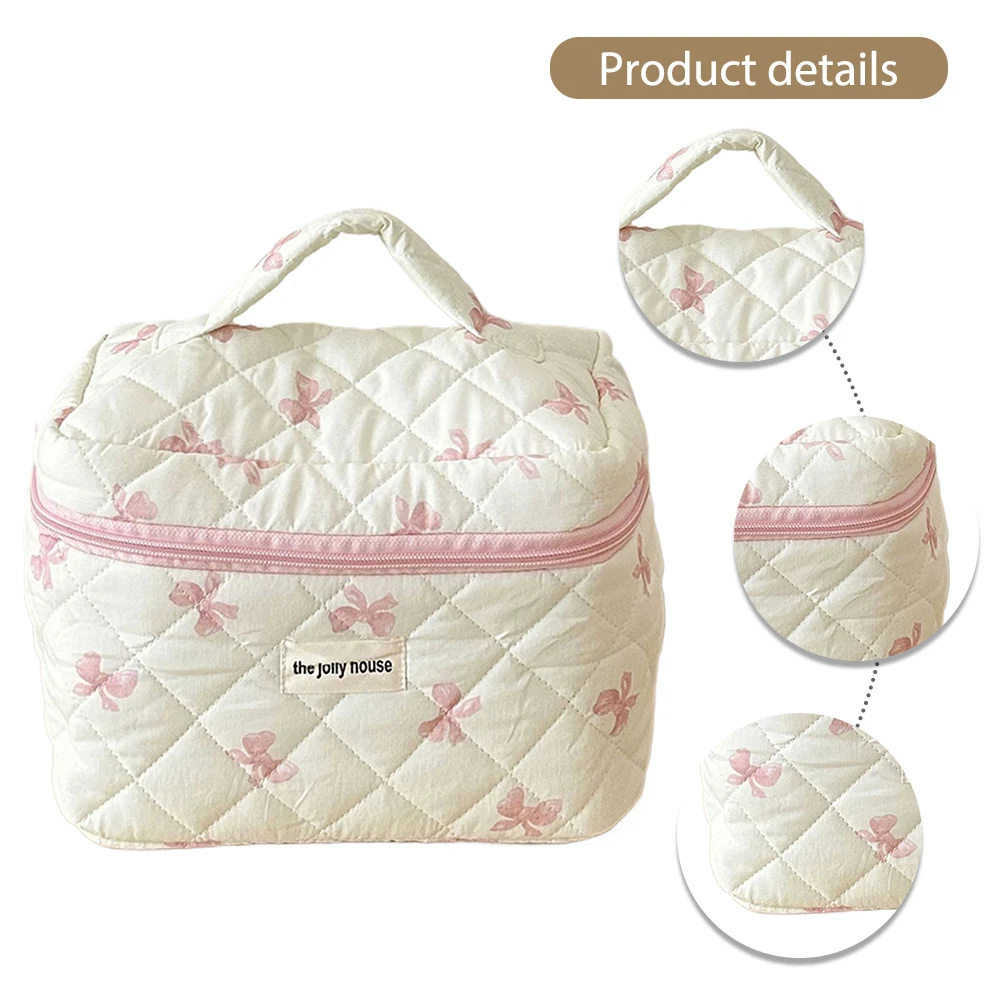 Cute Bow Travel Makeup Pouch with Zipper Toiletry Bag Cotton Quilted Makeup Organizer Storage Bag for Women Girls