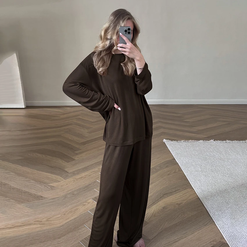 

Hiloc Casual Solid Women'S Pajamas 2-Piece Suit Round Neck Pullover Long-Sleeve Tops Knit Elastic Waist Trousers Autumn New 2025